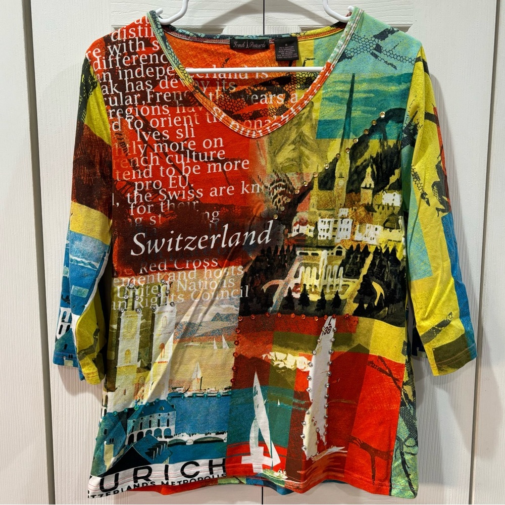 FRENCH POSTCARDS Women’s Handcrafted Switzerland Scene 3/4 Sleeve Top - size S